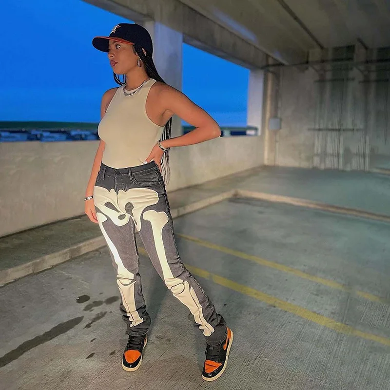 Skeleton Patterned Low Rise Denim Black Jeans Streetwear Wash High Wide Leg Hip Hop Straight Cyber Y2k Goth Pants Long Pants
Skeleton Patterned Low Rise Denim Black Jeans Streetwear Wash High Wide Leg Hip Hop Straight Cyber Y2k Goth Pants Long Pants