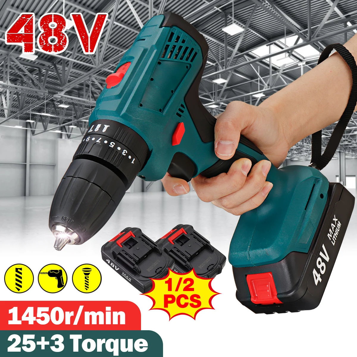 48V Cordless Drill Screwdriver 25+3 Torque Electric Screwdriver Drill Mini Wireless Power Driver With 2Pcs Lithium-Ion Battery
48V Cordless Drill Screwdriver 25+3 Torque Electric Screwdriver Drill Mini Wireless Power Driver With 2Pcs Lithium-Ion Battery