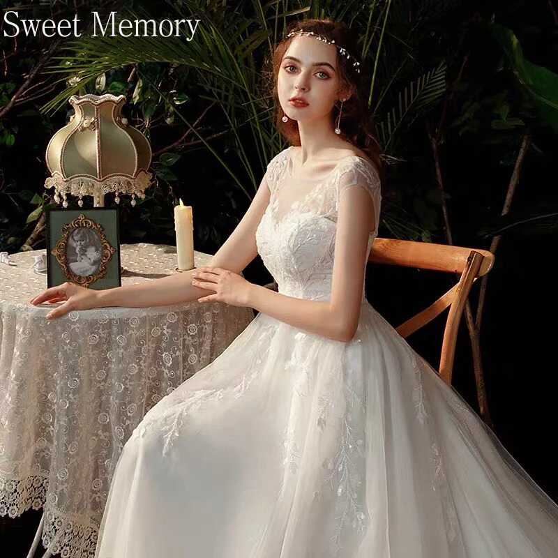

F253 Women Vestido Novia Appliques Lace Up Long Wedding Dresses 2021 Illusion Simple Robe De Soiree Bride Dress Sweet Memory