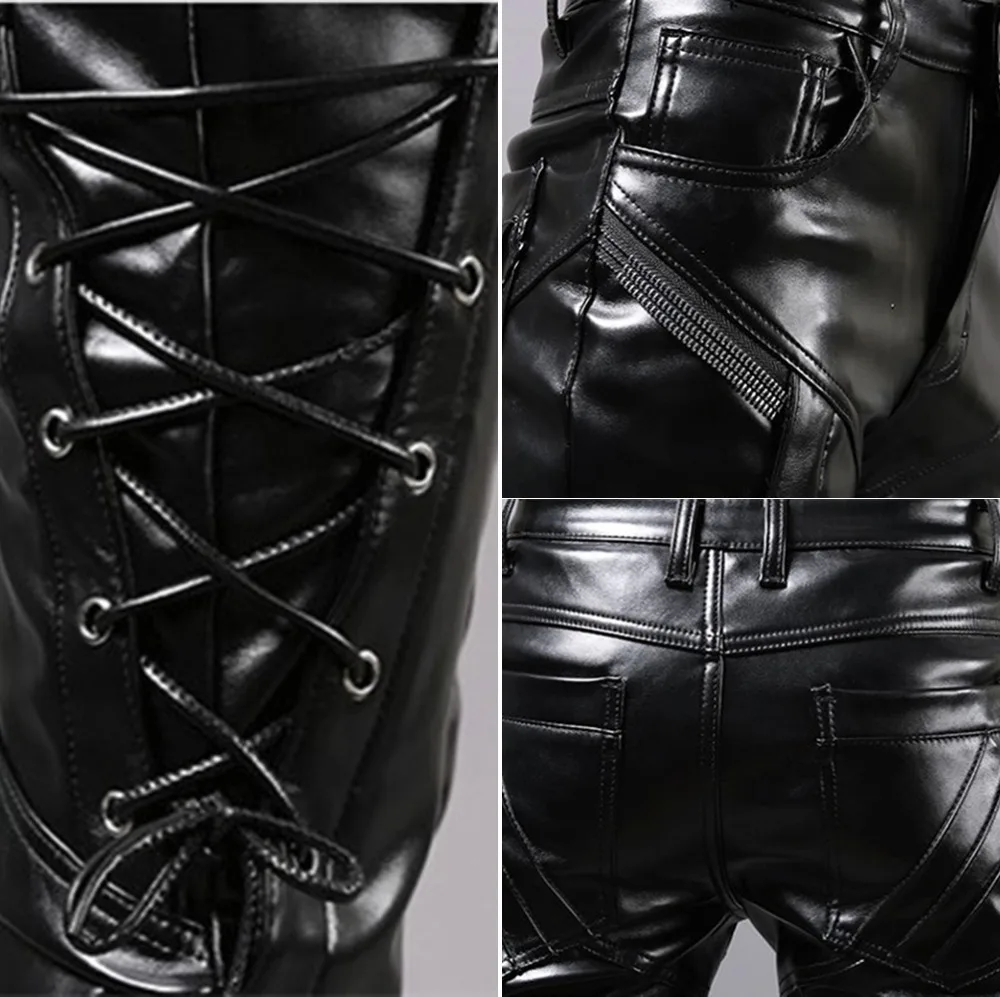 Мужские кожаные штаны Idopy из искусственной кожи на вечерние нуровке в стиле панк