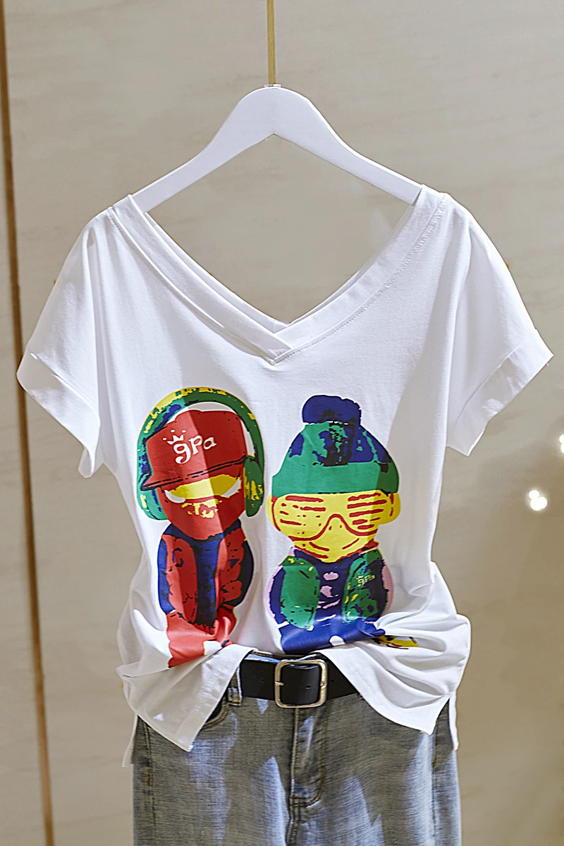 Women Cotton Short-Sleeved T-shirt 2021 Summer Korean Style Plus Size Loose White V-neck T Shirt Femme Cute Cartoon Graphic Tees
Women Cotton Short-Sleeved T-shirt 2021 Summer Korean Style Plus Size Loose White V-neck T Shirt Femme Cute Cartoon Graphic Tees
