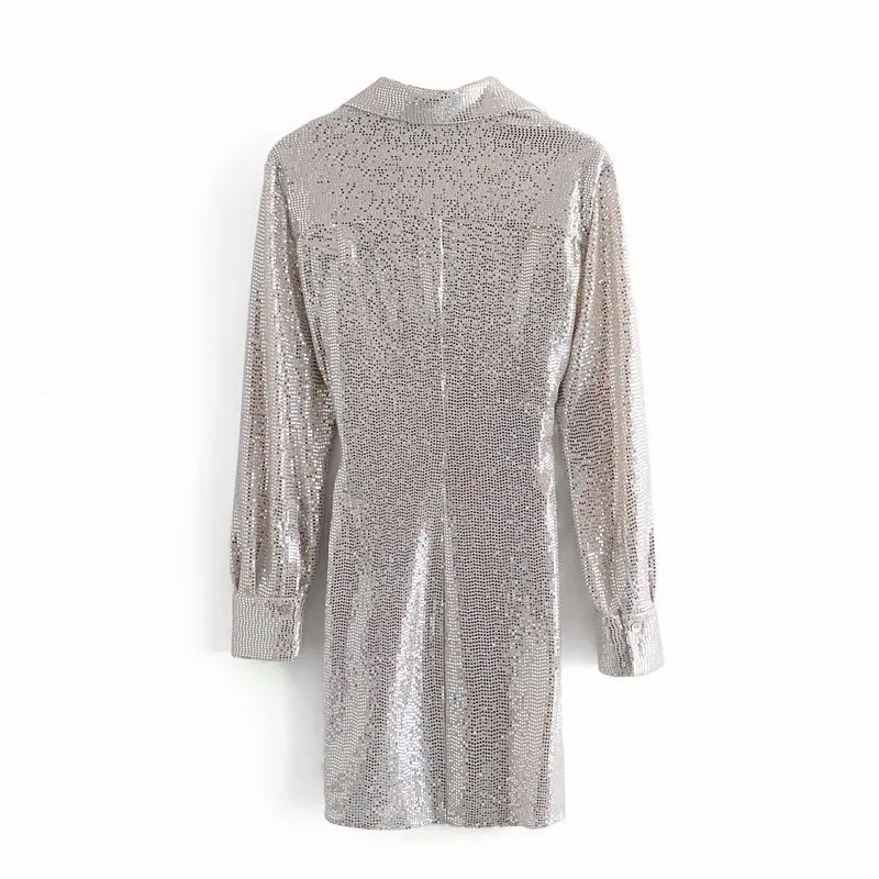 Women's 2021 New Summer Fashion Silver Sequin Lace Up Short Dress For Ladies Long Sleeve V Neck All Match Shirt Collar Dresses 
Women's 2021 New Summer Fashion Silver Sequin Lace Up Short Dress For Ladies Long Sleeve V Neck All Match Shirt Collar Dresses