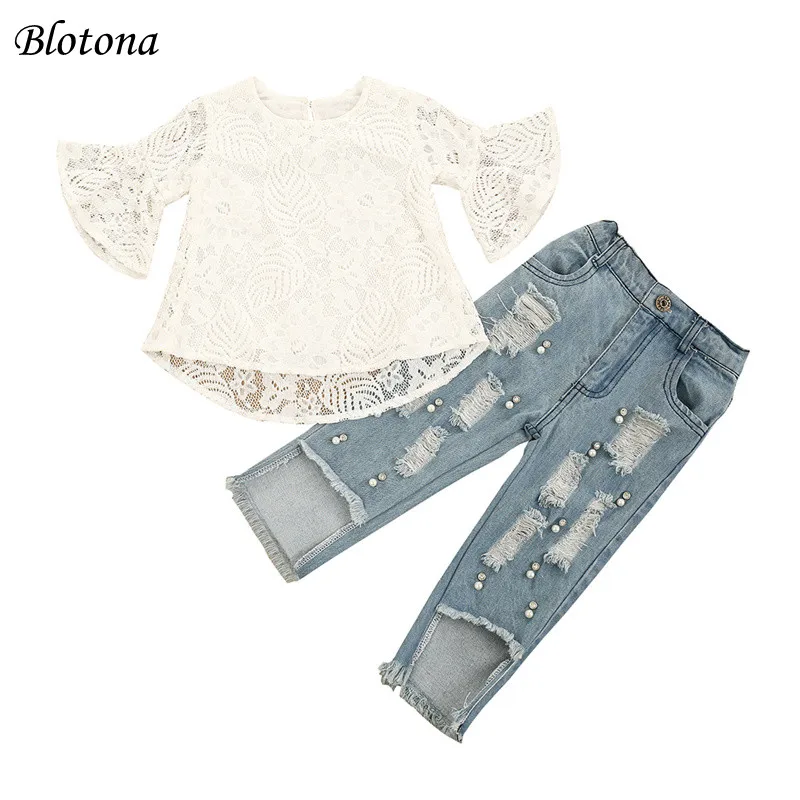 Blotona Toddler Girls Casual Clothes Sets, Round Neck Flared Sleeve Flower Leaves Lace Tops + Ripped Jeans 1-5Years
Blotona Toddler Girls Casual Clothes Sets, Round Neck Flared Sleeve Flower Leaves Lace Tops + Ripped Jeans 1-5Years