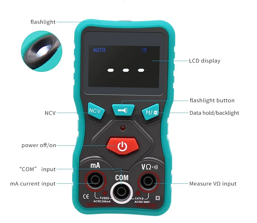 Intelligent auto identification digital multimeter high-precision measurement NCV + backlight + lighting small digital meter
Intelligent auto identification digital multimeter high-precision measurement NCV + backlight + lighting small digital meter