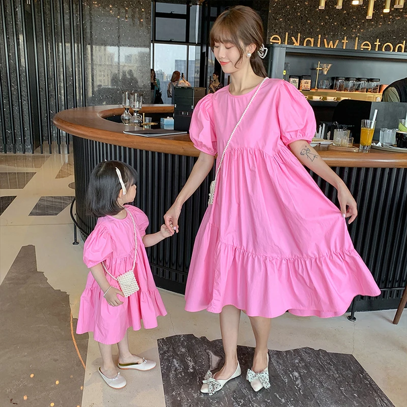 

Summer Mom and Daughter Dress Puff Sleeve Ruffles Loose Mother Girls Dresses Family Matching Outfits Sisters Matching Outfits