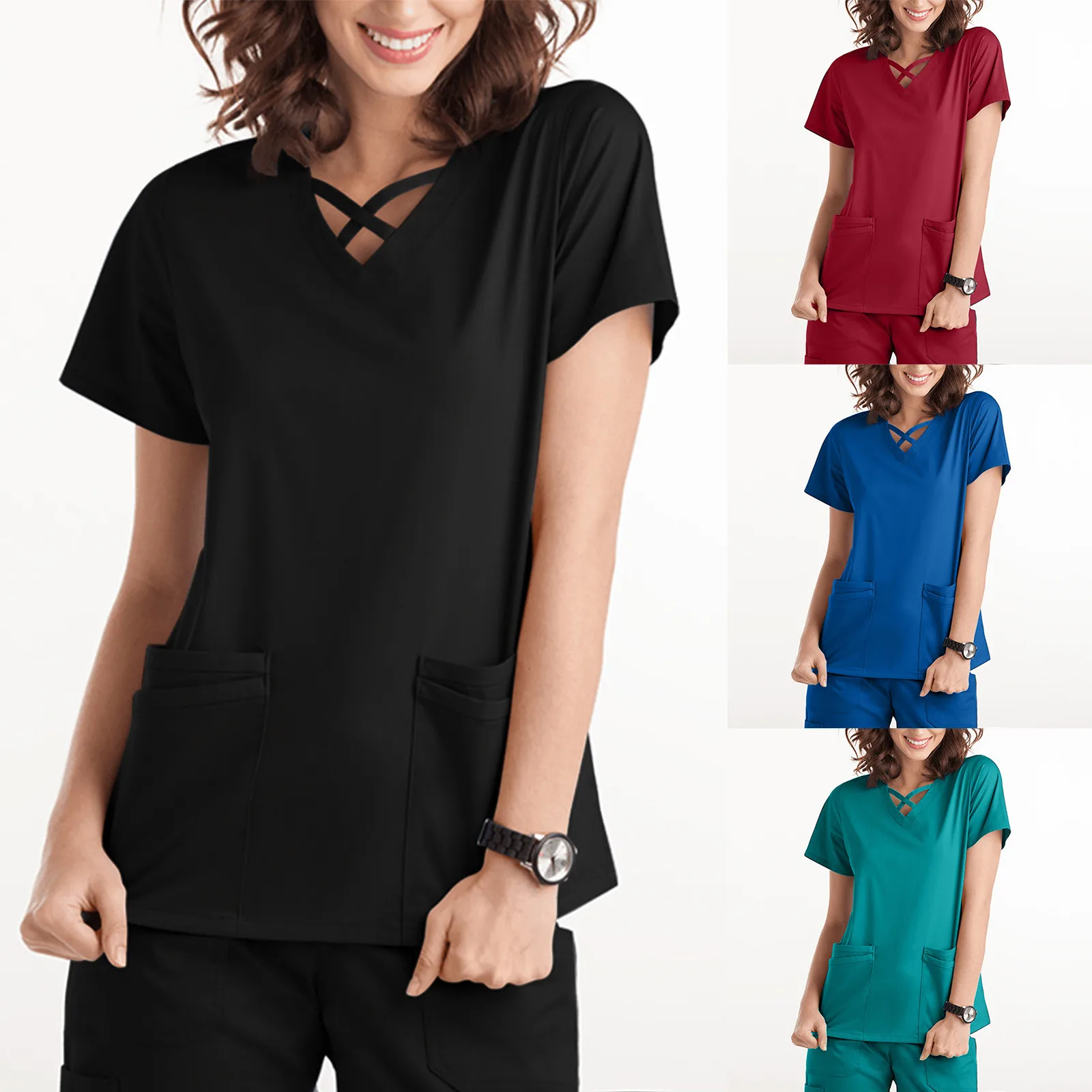 Workwear Women Blouse Female Working V-neck Pocket Solid Color Short Sleeve Tops Workwear T-shirts Care Breathable Uniform 
Workwear Women Blouse Female Working V-neck Pocket Solid Color Short Sleeve Tops Workwear T-shirts Care Breathable Uniform