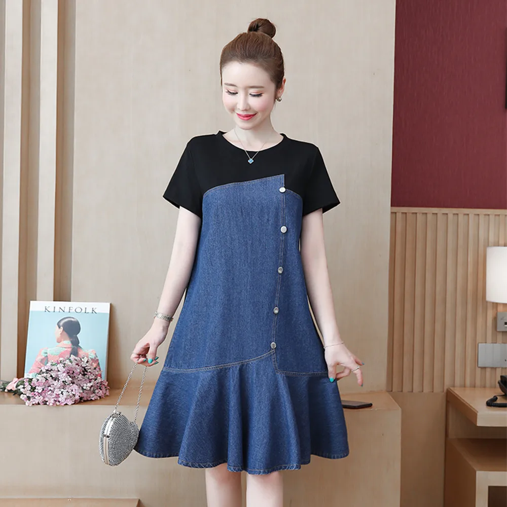 Summer Style New Women Dresses Casual Single Button Draped Hem Knitted O-Neck Patchwork Jeans For Females Slim Denim One-Piece
Summer Style New Women Dresses Casual Single Button Draped Hem Knitted O-Neck Patchwork Jeans For Females Slim Denim One-Piece