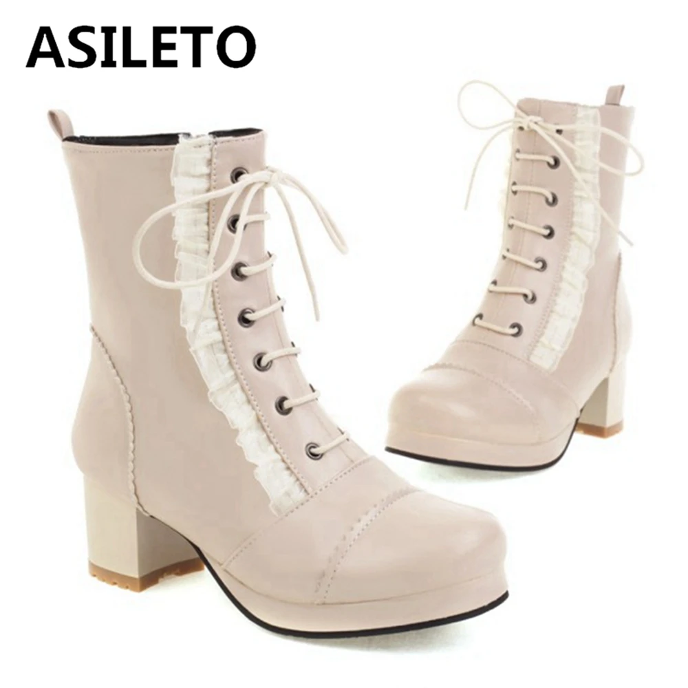 

ASILETO Autumn Winter Ankle Short Boots Round toe Chunky Heels Zip Lace Up Lolita Ladylike Small Big Size 30-43 Black S2472