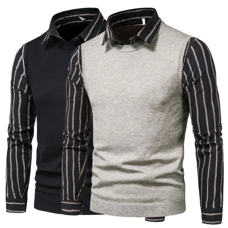 Fake Two-Piece Sweater Men Knitting Pullover Lapel Spliced Striped-Sleeve Male Business Casual Fashion Top Spring Autumn Korean
Fake Two-Piece Sweater Men Knitting Pullover Lapel Spliced Striped-Sleeve Male Business Casual Fashion Top Spring Autumn Korean