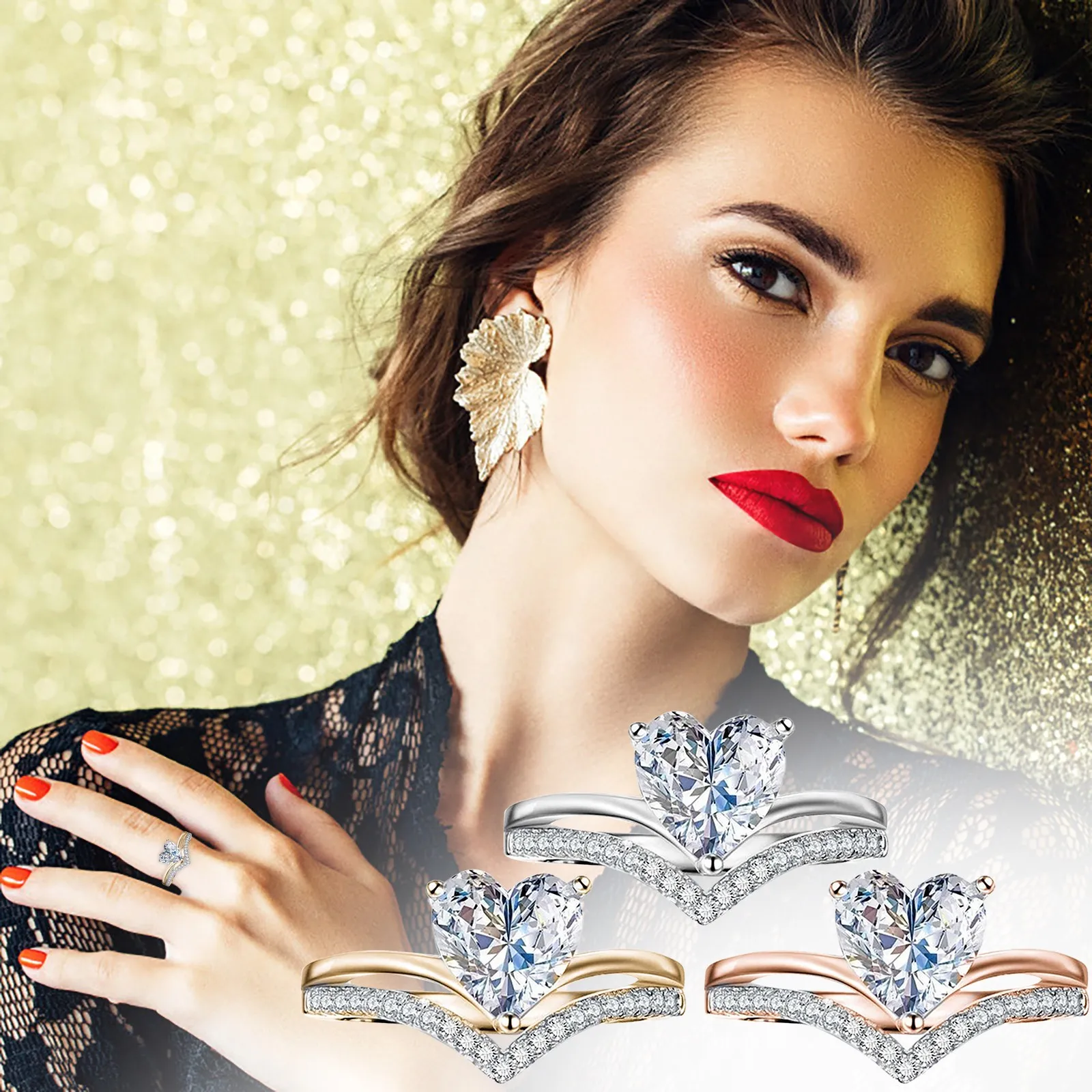 Luxury Women Heart Rings Fashion Gold Silver White Rhinestone Diamond Ring Ladies Engagement Wedding Jewelry Rings Size 5-11
Luxury Women Heart Rings Fashion Gold Silver White Rhinestone Diamond Ring Ladies Engagement Wedding Jewelry Rings Size 5-11