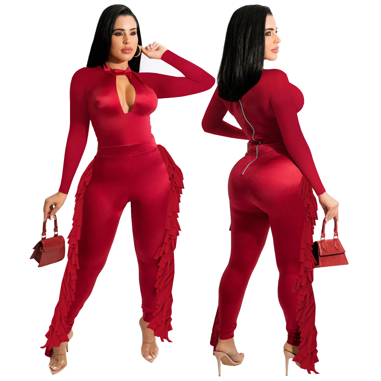 Sexy Half High Collar Tassels Jumpsuits Long Sleeve Elegant Zipper Fashion Red Sexy Jumpsuit Autumn and Winter 2021
Sexy Half High Collar Tassels Jumpsuits Long Sleeve Elegant Zipper Fashion Red Sexy Jumpsuit Autumn and Winter 2021