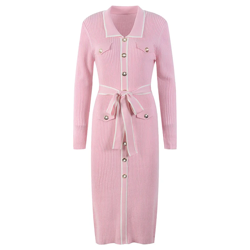 Elegant Colorblock Lapel Single Buckle Letter Metal Buckle Waistband Long-Sleeved Knit Dress Tender Pink Female Autumn Clothes
Elegant Colorblock Lapel Single Buckle Letter Metal Buckle Waistband Long-Sleeved Knit Dress Tender Pink Female Autumn Clothes
