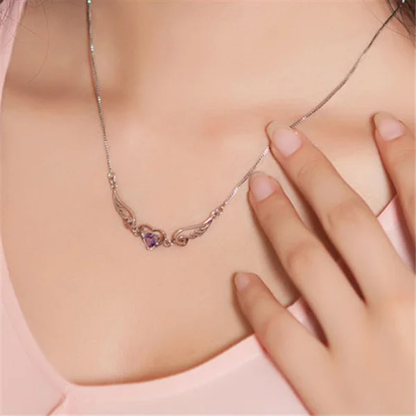 Trendy Silver Color Necklace Dream Angel Wing White Purple Love Heart Crystal Pendant Female Necklace for Party
Trendy Silver Color Necklace Dream Angel Wing White Purple Love Heart Crystal Pendant Female Necklace for Party