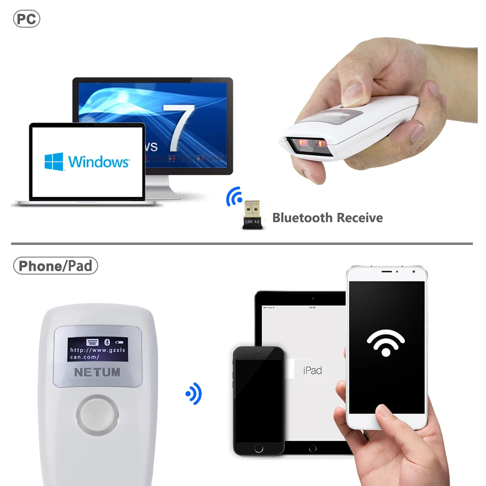 NETUM беспроводной Bluetooth CCD сканер штрих-кода и портативный Z2S 2D QR Pdf417 считыватель