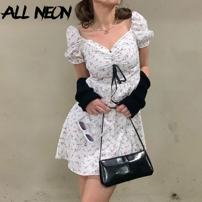 ALLNeon 2000s Fashion Floral Puff Sleeve White Dresses Kawaii Vintage V-neck Drawstring A-line Short Dress Y2K Summer Outfits
ALLNeon 2000s Fashion Floral Puff Sleeve White Dresses Kawaii Vintage V-neck Drawstring A-line Short Dress Y2K Summer Outfits
