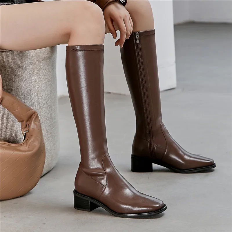 New Spring Autumn Women Commuter Knee-High Elastic Boots Casual Leather Round Toe Thick Heel Long Tube Shoes Black Brown 4.5cm
New Spring Autumn Women Commuter Knee-High Elastic Boots Casual Leather Round Toe Thick Heel Long Tube Shoes Black Brown 4.5cm