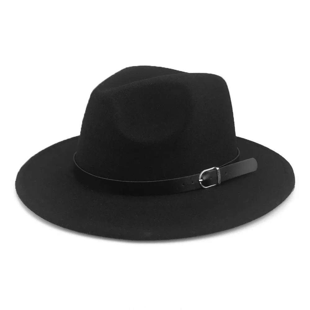 

Однотонная черная односторонняя шерстяная фетровая шляпа-федора с поясом, элегантная мужская и женская шляпа-Трилби с широкими полями, оптовая продажа