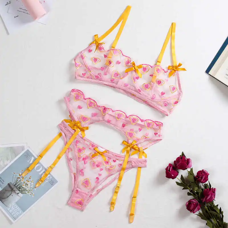 3 Pieces Set Transparent Heart Bow-knot Embroider Sexy Lingerie Underwear Women Erotic Costumes Bra and Thong Exotic Underwire
3 Pieces Set Transparent Heart Bow-knot Embroider Sexy Lingerie Underwear Women Erotic Costumes Bra and Thong Exotic Underwire