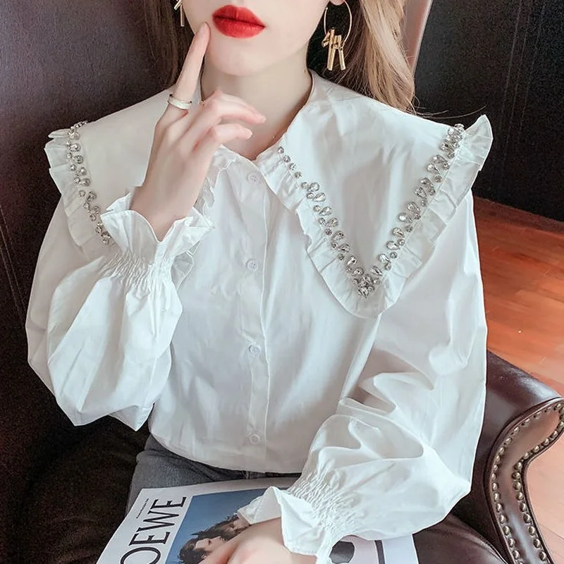 Женская блузка со стразами, элегантная свободная однобортная белая рубашка с длинным рукавом, модель X998 на осень, 2022
Женская блузка со стразами, элегантная свободная однобортная белая рубашка с длинным рукавом, модель X998 на осень, 2022
