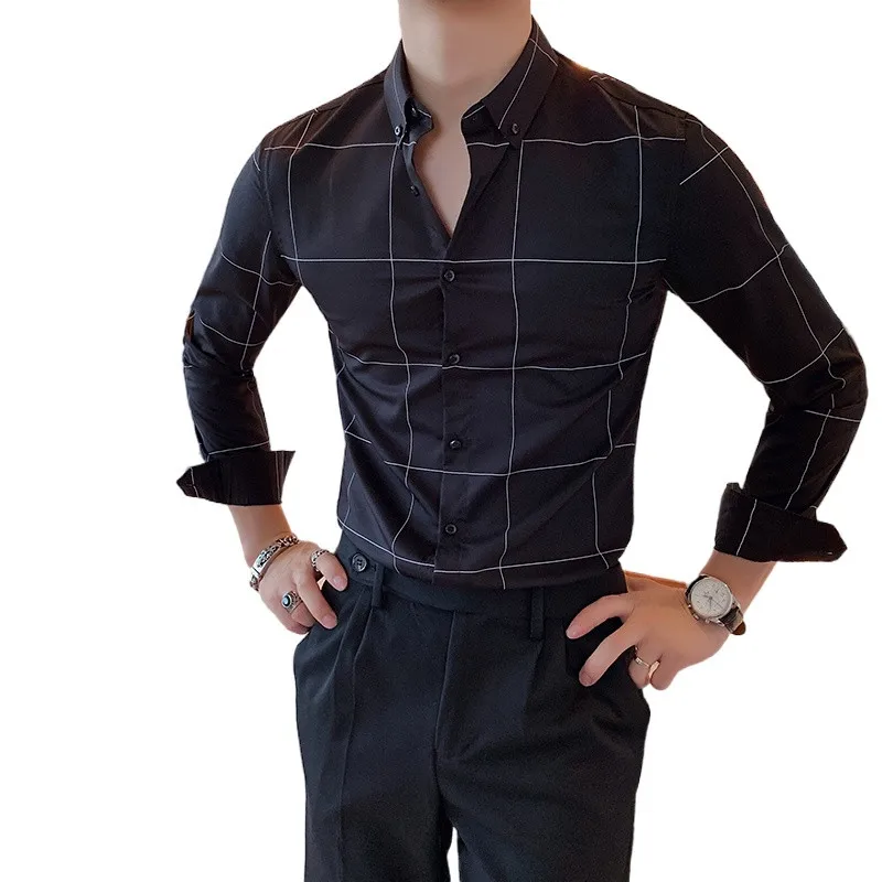 British Style Business Plaid Shirt Men Clothing Black / White / Gray Slim Fit Male Wedding Party Long Sleeve Dress Tops
British Style Business Plaid Shirt Men Clothing Black / White / Gray Slim Fit Male Wedding Party Long Sleeve Dress Tops