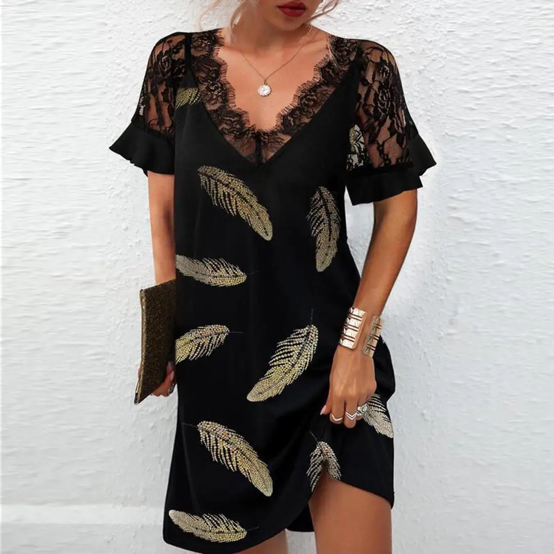 Women Robe Femme Summer Flower Leaves Print A-Line Dresses Patchwork Lace V-Neck Short Sleeve Dress For Woman Vestido De Mujer
Women Robe Femme Summer Flower Leaves Print A-Line Dresses Patchwork Lace V-Neck Short Sleeve Dress For Woman Vestido De Mujer