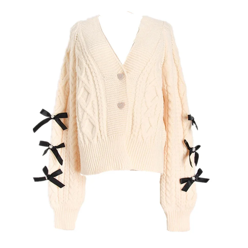 Korean Bows Sweater Coat Causal Beige Women Knitted Cardigan 2021 Autumn Winter V neck Thicken Long Sleeve Knitwear Jacket
Korean Bows Sweater Coat Causal Beige Women Knitted Cardigan 2021 Autumn Winter V neck Thicken Long Sleeve Knitwear Jacket