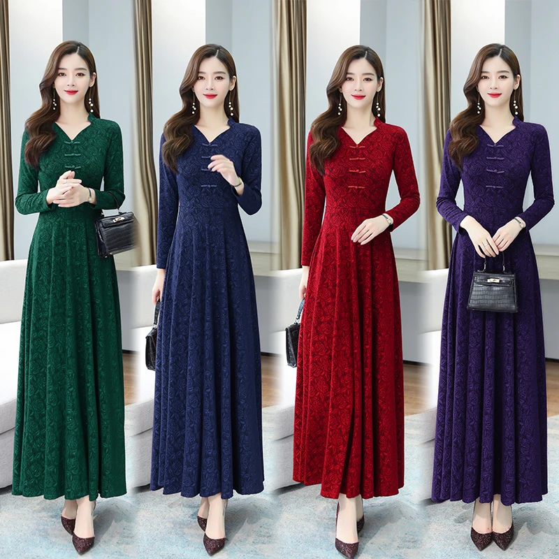 Cheongsam Dress Vintage Large Size Knitting Jacquard Long Sleeved V Neck Chinese Style Women Clothes Green Blue Purple Red
Cheongsam Dress Vintage Large Size Knitting Jacquard Long Sleeved V Neck Chinese Style Women Clothes Green Blue Purple Red