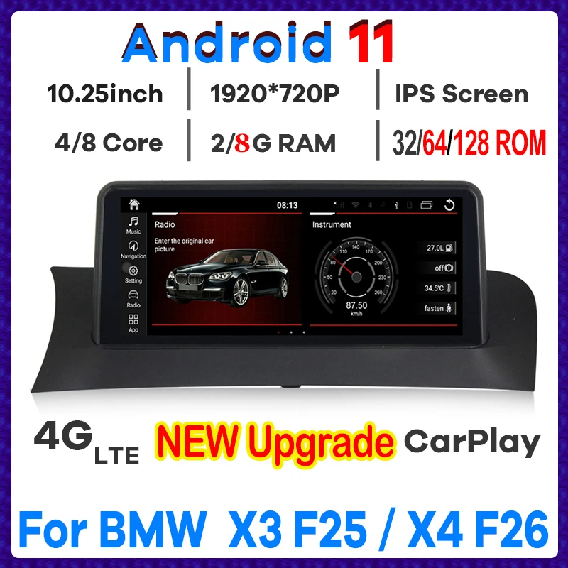 10.25“ 8CORE 8+128G Android 11 Car Multimedia Player GPS Radio Stereo Head unit Navi for BMW X3 F25 X4 F26 CIC NBT 2011-2016
10.25“ 8CORE 8+128G Android 11 Car Multimedia Player GPS Radio Stereo Head unit Navi for BMW X3 F25 X4 F26 CIC NBT 2011-2016