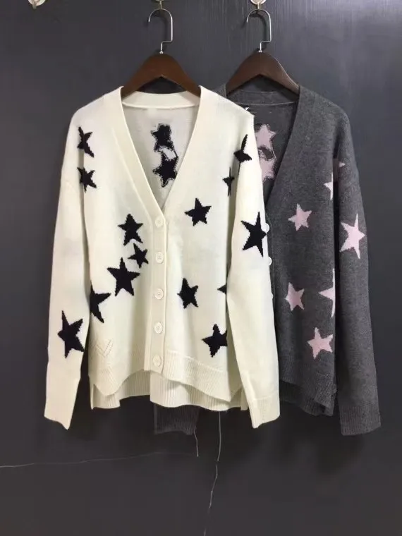 Women 100% Cashmere Sweater V-neck Stars Printed Long Sleeve Single Breasted Loose Ladies Casual Knit Cardigans
Women 100% Cashmere Sweater V-neck Stars Printed Long Sleeve Single Breasted Loose Ladies Casual Knit Cardigans