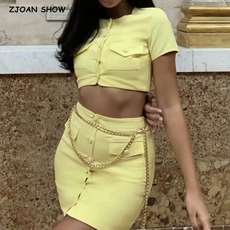 2pcs Set Holiday Yellow Crop Top O Neck Short Sleeve Single-Breasted Buttons Bodycon Mini Skirt Casual Women Sexy Outfit
2pcs Set Holiday Yellow Crop Top O Neck Short Sleeve Single-Breasted Buttons Bodycon Mini Skirt Casual Women Sexy Outfit