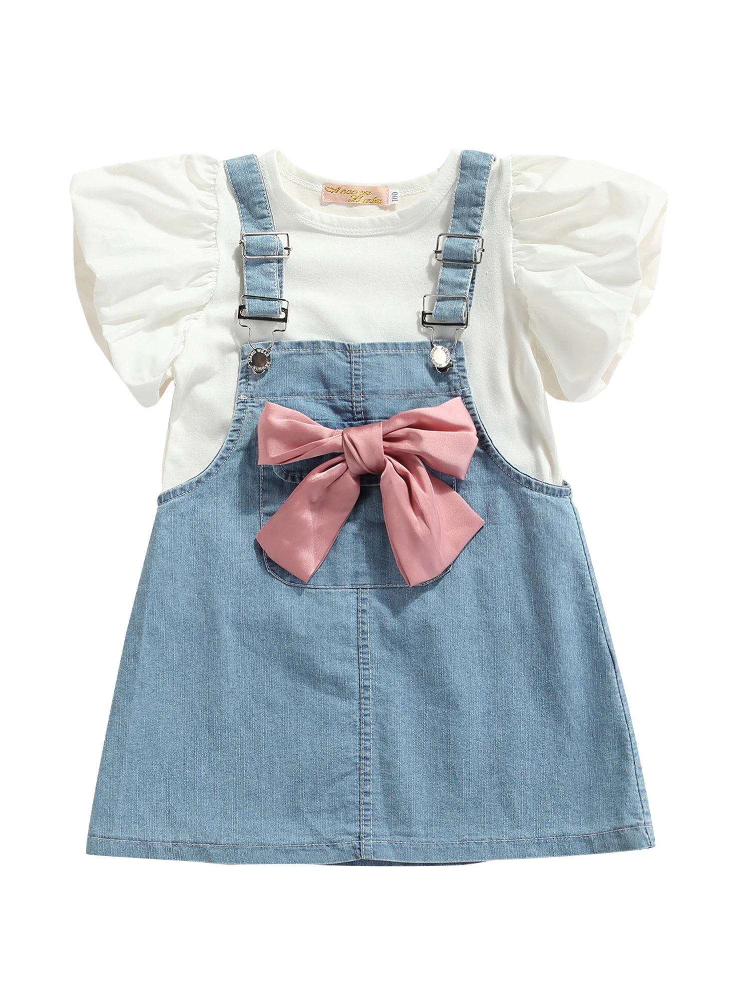 Летняя одежда для девочек, милый стиль, однотонный топ с пышными короткими рукавами + бант + юбка на бретелях принцессы, комплект одежды 
Летняя одежда для девочек, милый стиль, однотонный топ с пышными короткими рукавами + бант + юбка на бретелях принцессы, комплект одежды