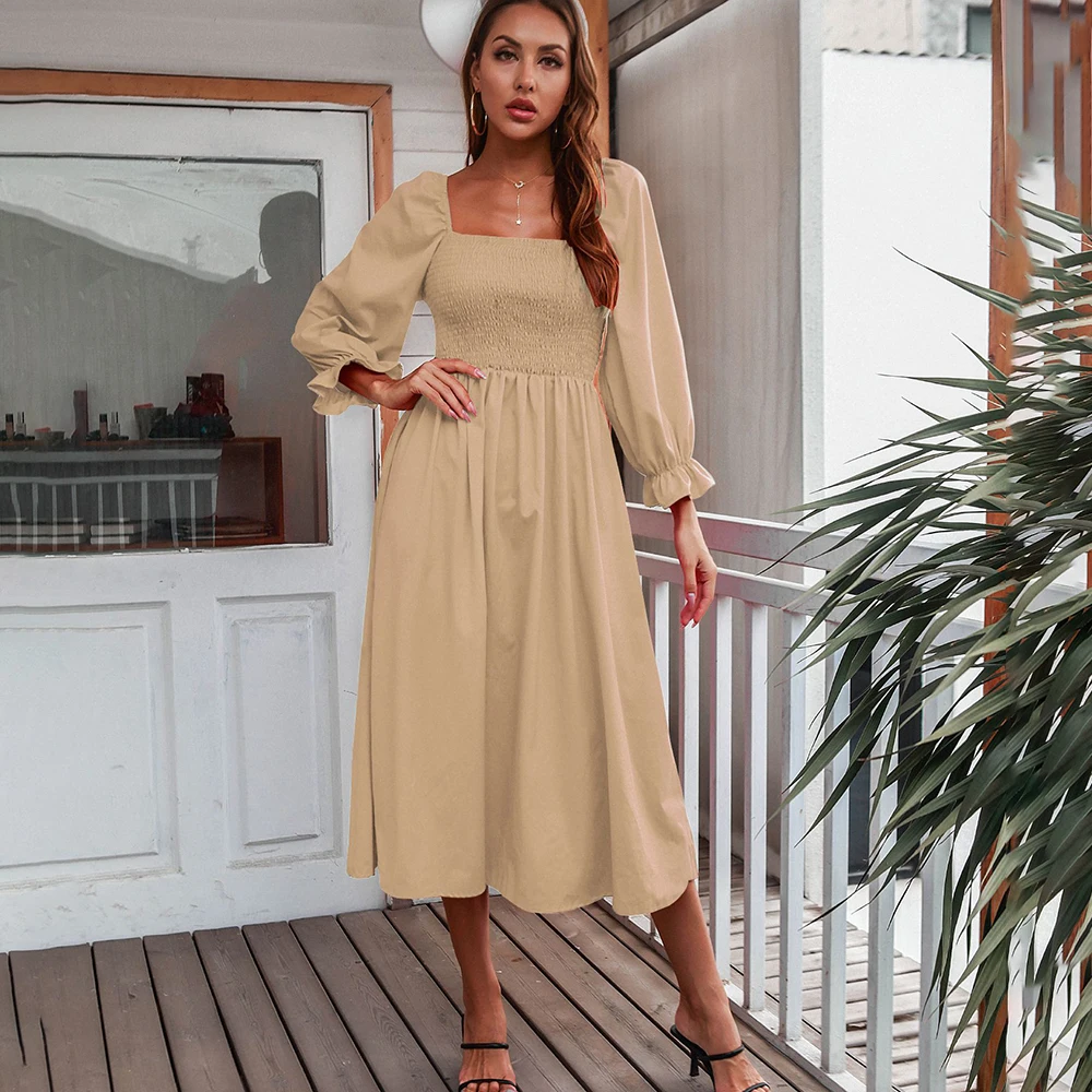 Casual Long Sleeve Solid Midi Dresses Women Autumn Elastic Waist A-line Slim Dress Woman Clothing 2021 Blue Office Robe Femme
Casual Long Sleeve Solid Midi Dresses Women Autumn Elastic Waist A-line Slim Dress Woman Clothing 2021 Blue Office Robe Femme