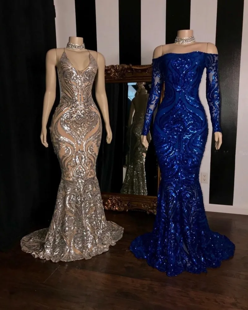 Блестящее синее платье русалки для выпускного вечера 2020 Африканское серебряное