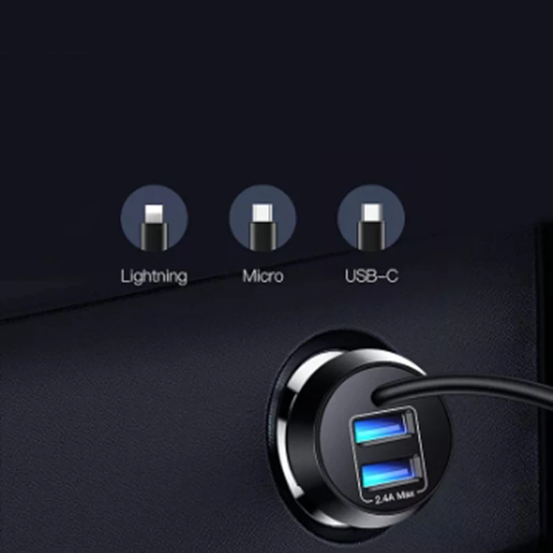 Dual USB Car Charger With 3-In-1 Splitter USB Charging Cable For Micro-USB Android IPhone Type-C Fast Charging 5V 3.4A
Dual USB Car Charger With 3-In-1 Splitter USB Charging Cable For Micro-USB Android IPhone Type-C Fast Charging 5V 3.4A