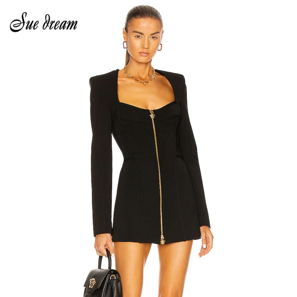 Sexy Black Ladies Bandage Dress Elegant Square Neck Front Zipper Long Sleeve Solid Color Bodycon Club Party Dress Vestidos
Sexy Black Ladies Bandage Dress Elegant Square Neck Front Zipper Long Sleeve Solid Color Bodycon Club Party Dress Vestidos