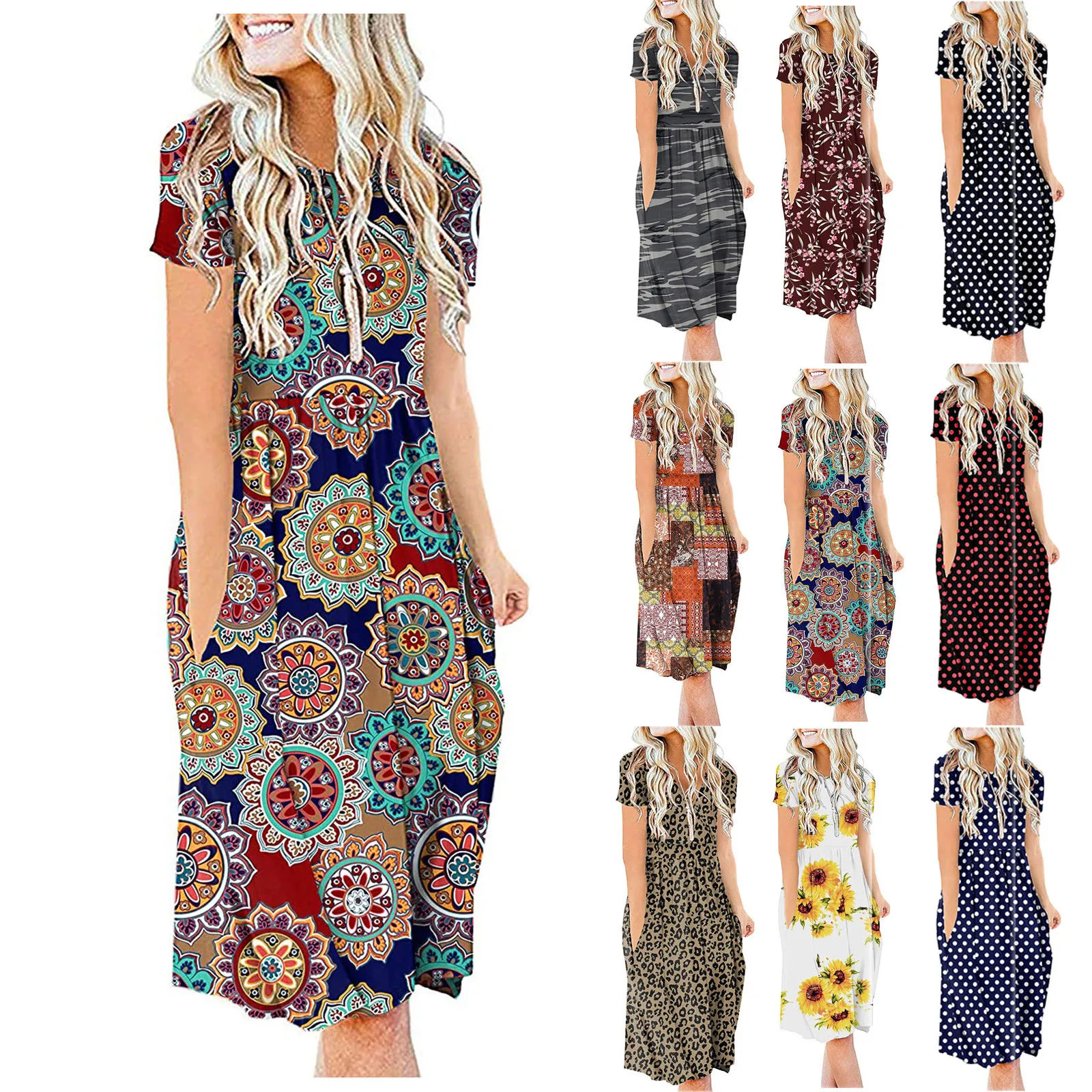 Women's Summer Dress Fashion Casual O-neck Pocket Retro Print Short Sleeve Dress Folding Long Dress Multiple Styles Платье
Women's Summer Dress Fashion Casual O-neck Pocket Retro Print Short Sleeve Dress Folding Long Dress Multiple Styles Платье