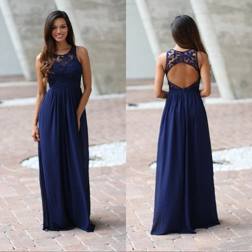 

Navy Blue Bridesmaid Dresses Jewel Neck Lace Top Chiffon Illusion Backless Floor Length Long Wedding Guest Gowns Custom robe