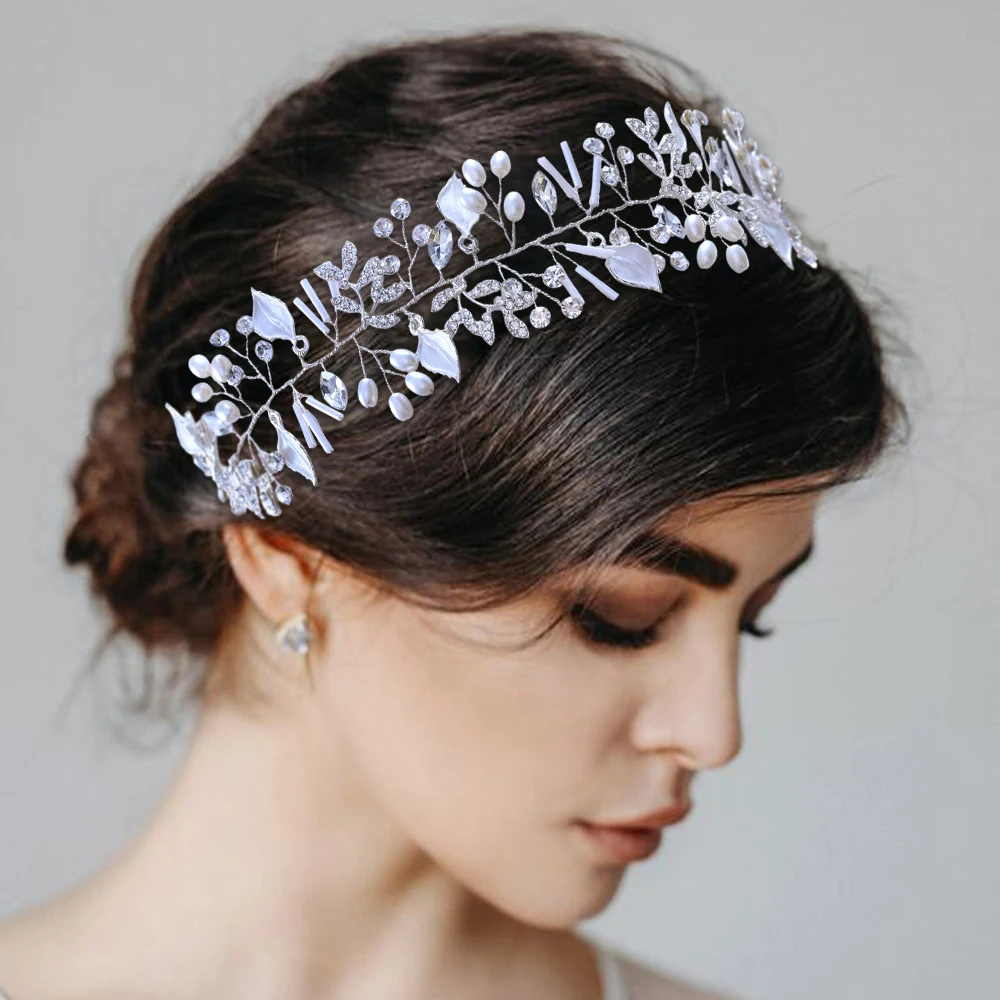 

TRiXY H290 Silver Leaves Wedding Headpieces Women Tiara Bride Headband Bridal Headwear Diamond Headpiece Bride Hair Jewelry
