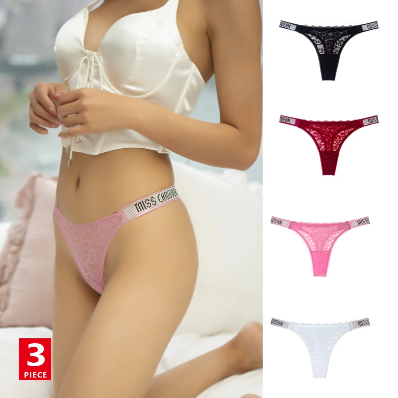 Sexy Women's Panties Thong Hollow Out Lace Letter Rhinestone Low Waist Traceless Sexy Women's Underwear Bikini 3Pcs/Lot
Sexy Women's Panties Thong Hollow Out Lace Letter Rhinestone Low Waist Traceless Sexy Women's Underwear Bikini 3Pcs/Lot