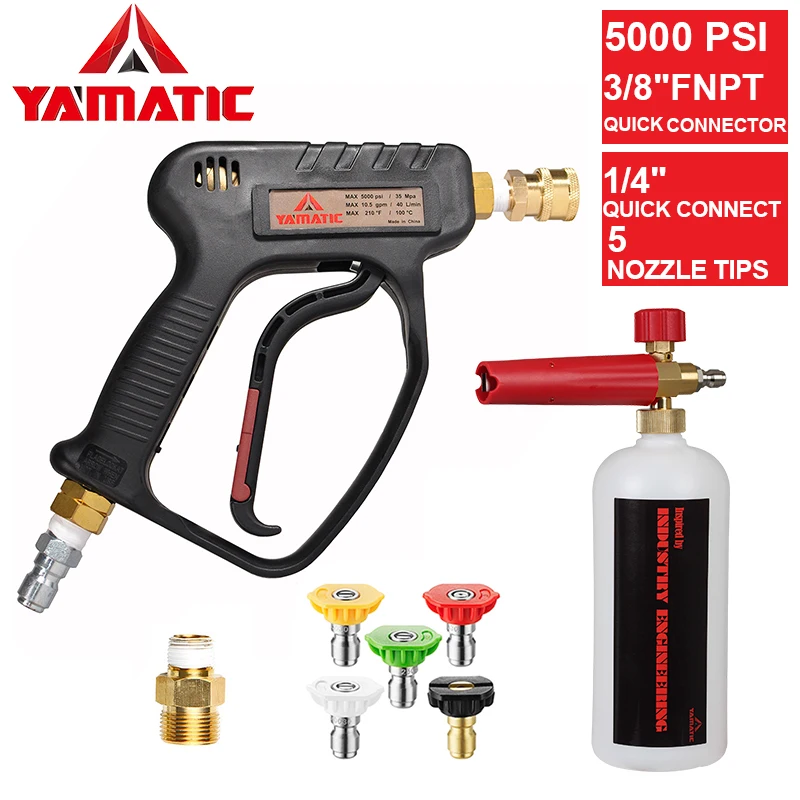 Пистолет для мойки высокого давления YAMATIC, 5000 PSI/345 бар, быстрый разъем 3/8 дюйма и соединитель M22, пенопластовая пушка с 5 наконечниками сопла
Пистолет для мойки высокого давления YAMATIC, 5000 PSI/345 бар, быстрый разъем 3/8 дюйма и соединитель M22, пенопластовая пушка с 5 наконечниками сопла