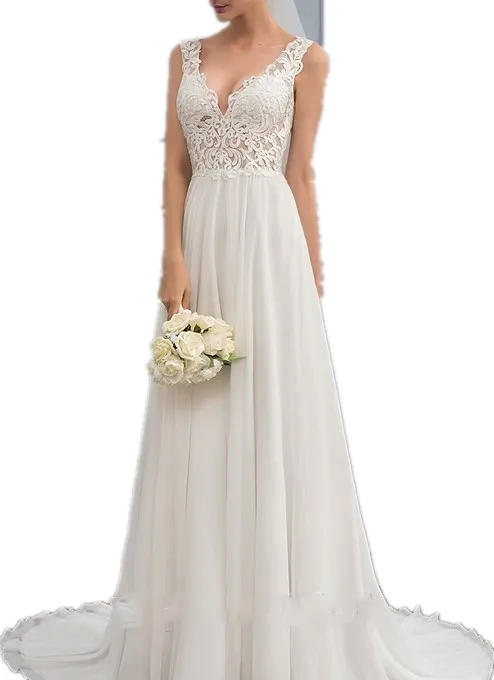 Simple Wedding Dress 2020 V-Neck Lace Appliques A-line SLeeveless Sweep Trian Bridal Gowns Beach Elegant Backless Chiffon Cheap
Simple Wedding Dress 2020 V-Neck Lace Appliques A-line SLeeveless Sweep Trian Bridal Gowns Beach Elegant Backless Chiffon Cheap