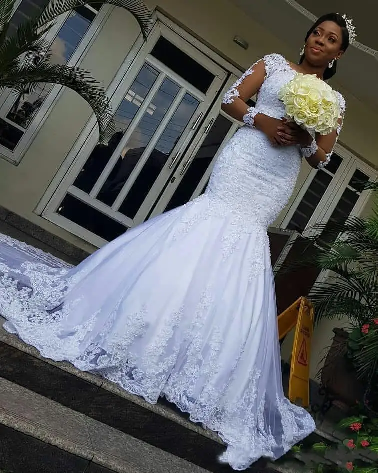 

Кружевное свадебное платье-русалка, с аппликацией, со шлейфом, с длинным рукавом, в африканском стиле, для невесты