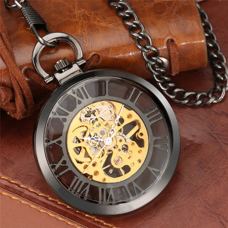 

Luxury Hand-winding Mechanical Roman Numbers Steampunk Pocket Watch Open Face Black Transparent Chain Men Women Cool Gift