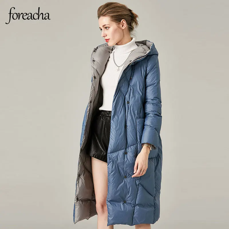 

foreacha hooded double breasted mid length Winter women down jacket black long-sleeved white duck down plus size Women coat