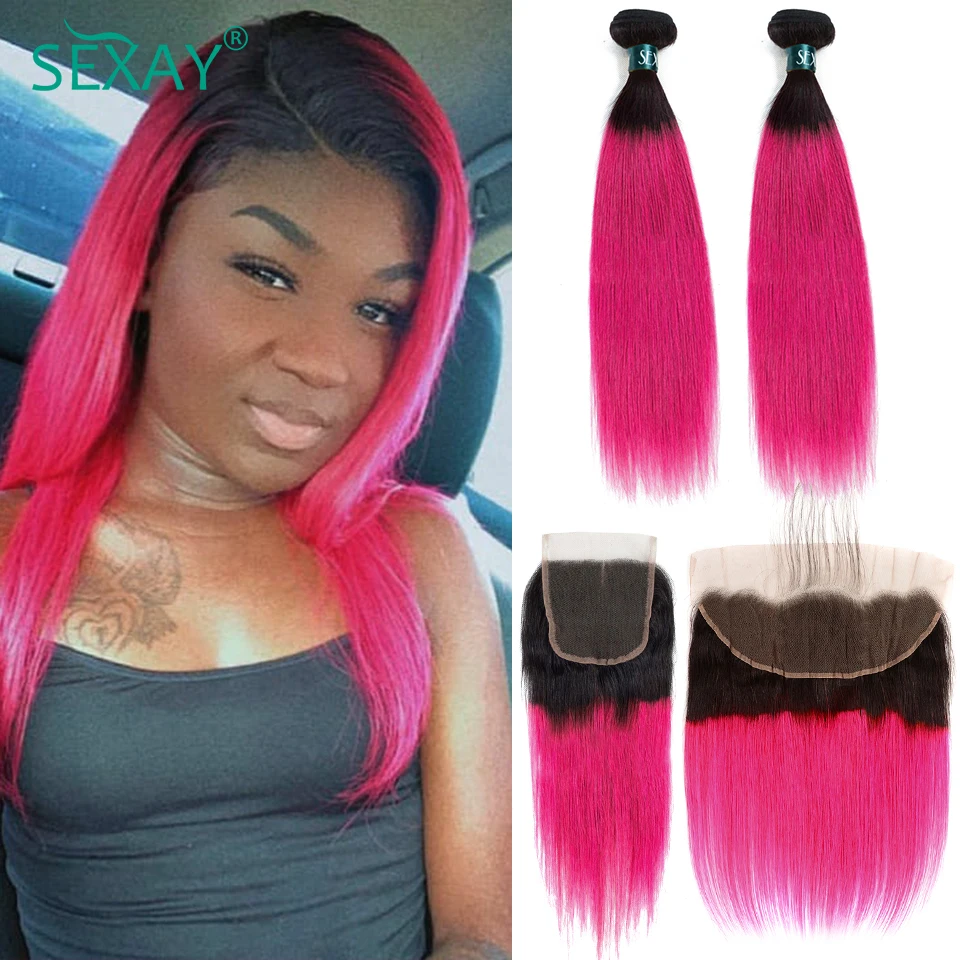 

Sexay Pink Human Hair 2 Bundles With 13x4 Lace Frontals Sale 10A Brazilian Straight Hair Weave Ombre Pink Bundles With Closures