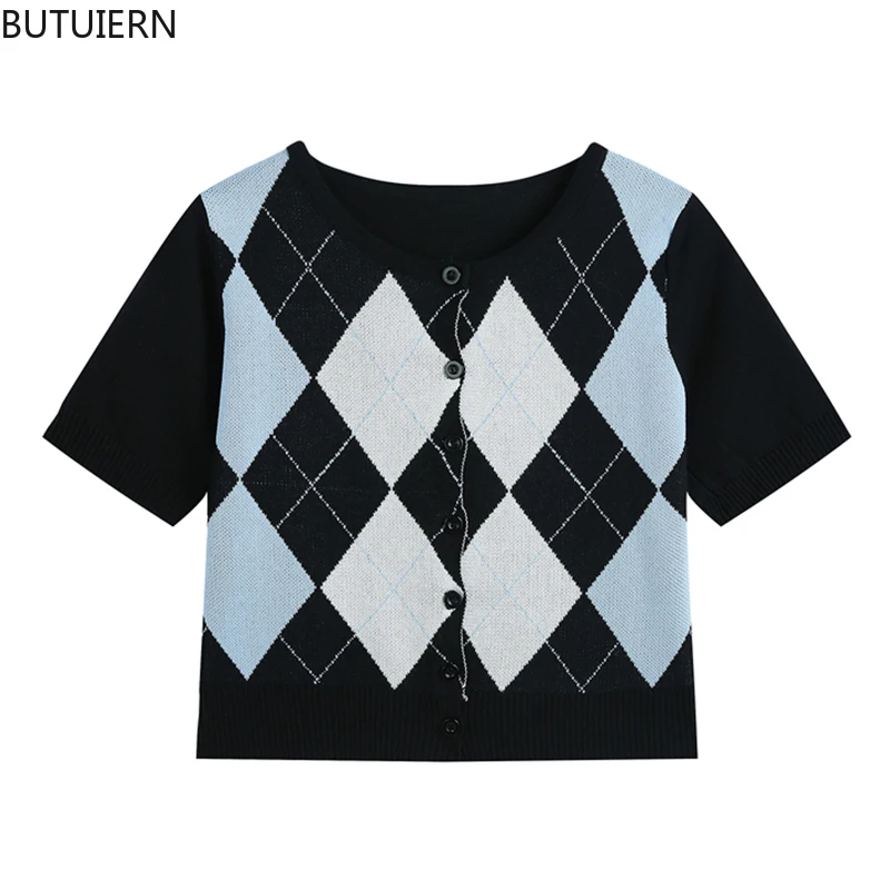 Women's Knitted Crop Cardigan Preppy Style 2021 Black&Blue diamond-shaped lattice Patchwork Blouses O Neck Buttons Vintage Tops
Women's Knitted Crop Cardigan Preppy Style 2021 Black&Blue diamond-shaped lattice Patchwork Blouses O Neck Buttons Vintage Tops