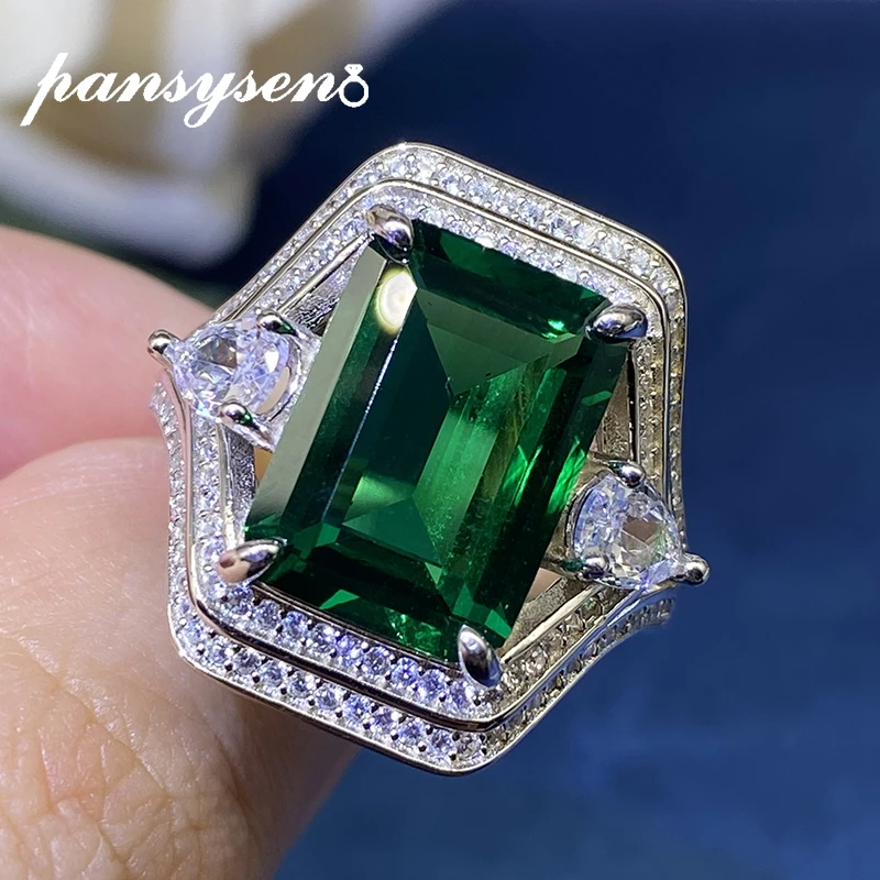 

PANSYSEN Luxury 925 Sterling Silver 10x14MM Created Moissanite Emerald Anniversary Party Women Rings Vintage Fine Jewelry Gift