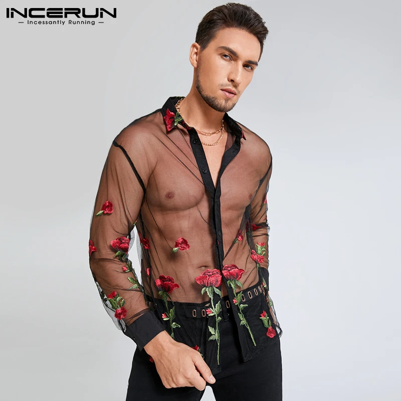 Мужская сетчатая прозрачная рубашка INCERUN с вышивкой розы, уличная одежда для вечеринки, ночного клуба, мужская одежда 2021, пикантные рубашки ... 
Мужская сетчатая прозрачная рубашка INCERUN с вышивкой розы, уличная одежда для вечеринки, ночного клуба, мужская одежда 2021, пикантные рубашки ...