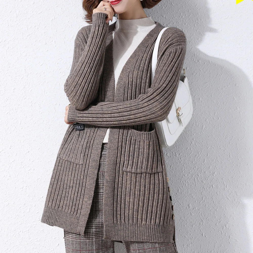 Women Wool Knits Sweater Long Sleeve Solid Cardigan Casual Minimalism Winter Thicken Women Sweater Pocket V-neck Mid-length Tops
Women Wool Knits Sweater Long Sleeve Solid Cardigan Casual Minimalism Winter Thicken Women Sweater Pocket V-neck Mid-length Tops