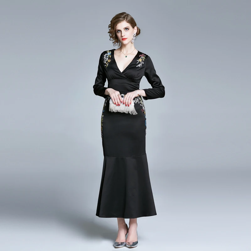 2020 New Spring Autumn Women Long Sleeve Black Dress High Quality Floral Embroidery Sexy V-Neck Mermaid Long Dress
2020 New Spring Autumn Women Long Sleeve Black Dress High Quality Floral Embroidery Sexy V-Neck Mermaid Long Dress